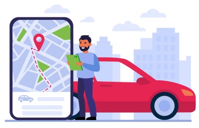 Man searching car for rent, using location app on gadget, studying digital map, ordering taxi online. Vector illustration for car sharing, urban transport, transfer, driving concept